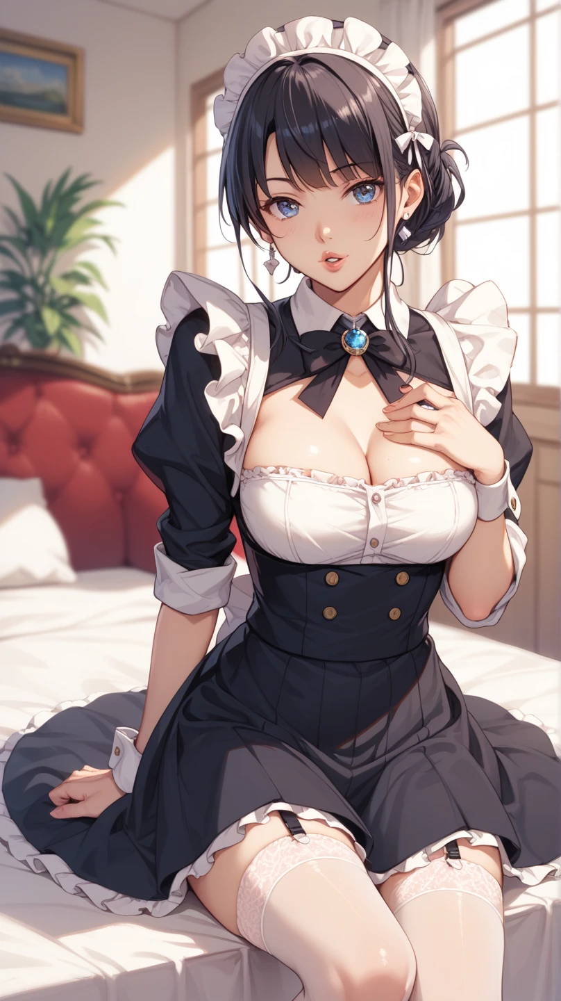 (masterpiece:1.2, highest quality, 8K, advanced details), (realistic, photorealistic:1.4), beautiful illustrations,
looking at the viewer, whole body, Front view:0.6,
1 female, 23 years old, Japanese, ((long black hair:1.5, high ponytail:1.5)), blown hair, bangs, hair between eyes, ((Height: 158cm, B cup breasts))
beautiful hair, beautiful face, beautiful and detailed eyes, (brown eyes:1.3), beautiful clavicle, beautiful body, beautiful breasts, beautiful thighs, beautiful feet, beautiful fingers, perfect anatomy:1.3, perfect anatomy
(Western-style building)
((Maid clothes:1.5, choker:1.6)), white panties,
((Grasp the hem of the skirt with your right hand, Put your left hand on your chest, sit with legs apart:1.3)),
(Look at the viewer while blushing:1.3)