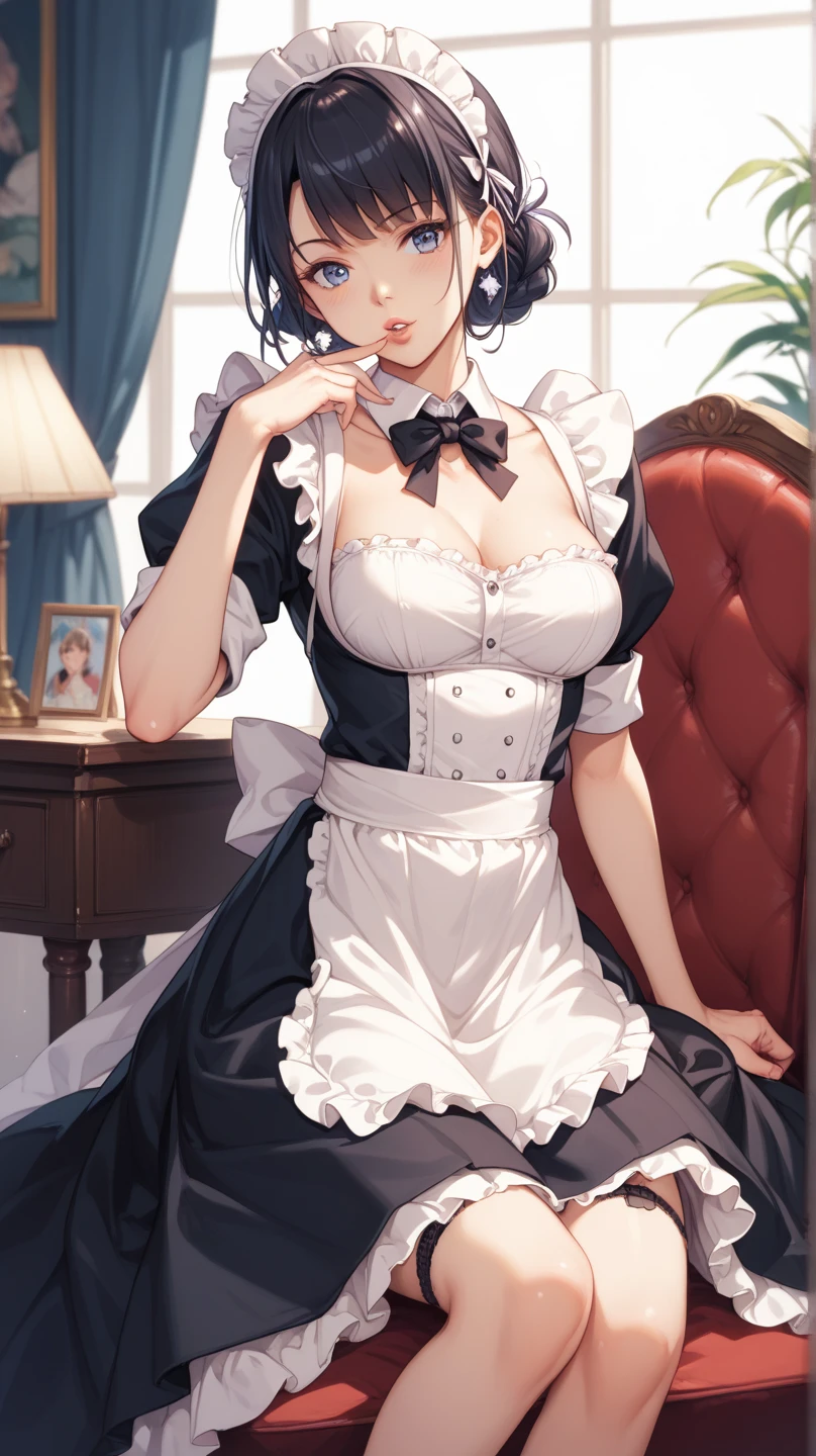 master-piece,hyper quality, hyper detailed,perfect drawing,独奏、Beautuful Women、ample breasts、Fluttering chest、H Cup Bust、bustup、bulging bust top、H、HENTAI、red blush、perspiring、Moist eyes、Detailed drawing、Accurate drawing、Maids、Gothic lolita、Clothing with a lot of lace ruffles、Holding a large bouquet、Dress up、parlor、sideboard、indirect lighting、