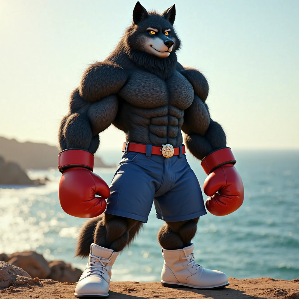 Huge anthro wolf bodybuilder in a Speedo at the beach flexing a double biceps pose 