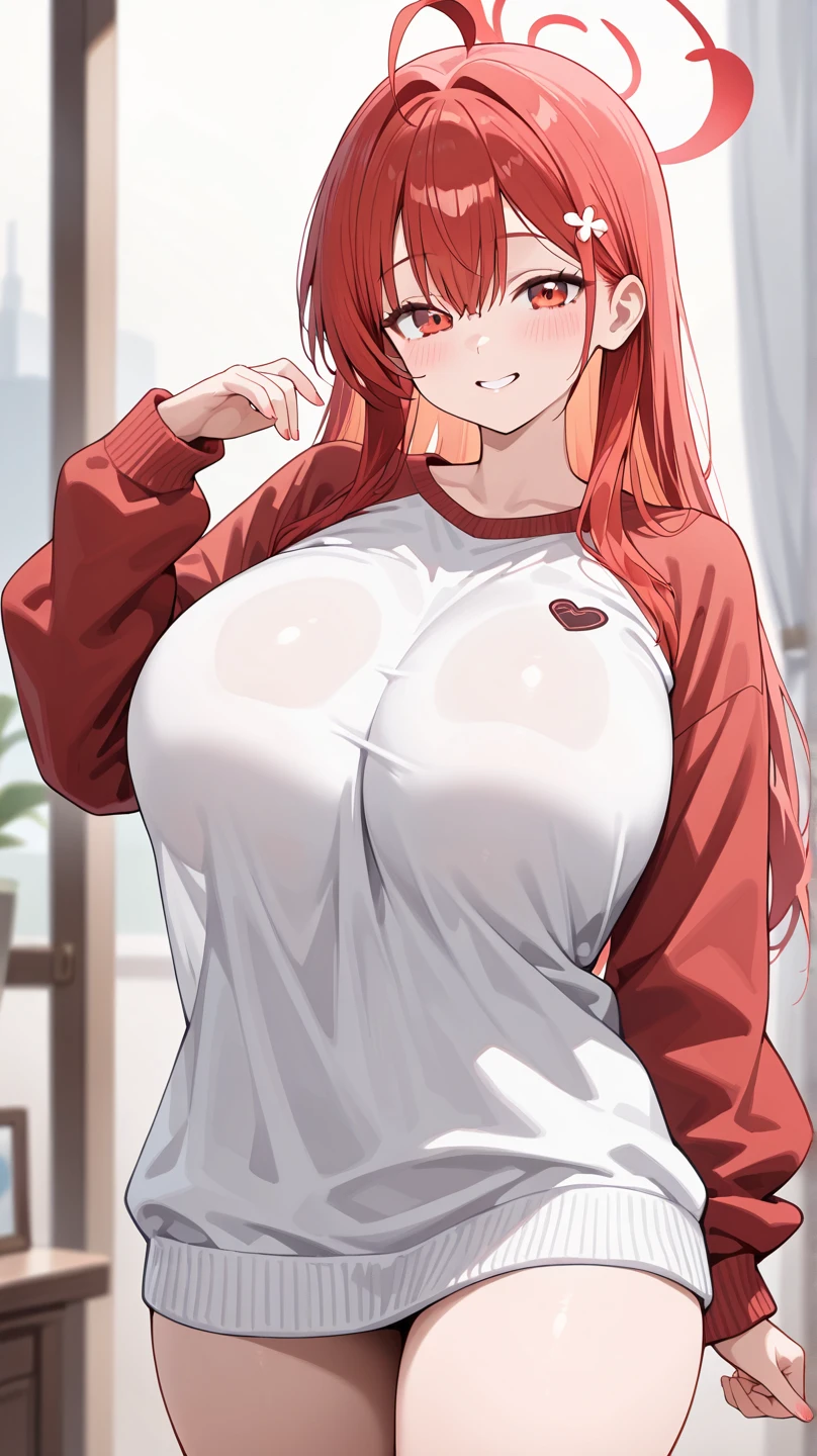 (masterpiece, best quality:1.2) best quality, focus, girl design, portrait, giesha, anime image, long hair, red hair, heterochromia eyes, hair covering horns, demon horns, shy and angry look, small red shirt, sword, round thick giant breasts, ((huge breasts)), ((large breasts)), ((enormus breasts)), bandage over one eye, full body, bandage over one eye, scar across eye, anime style, three sided view, from below, masterpiece, highres