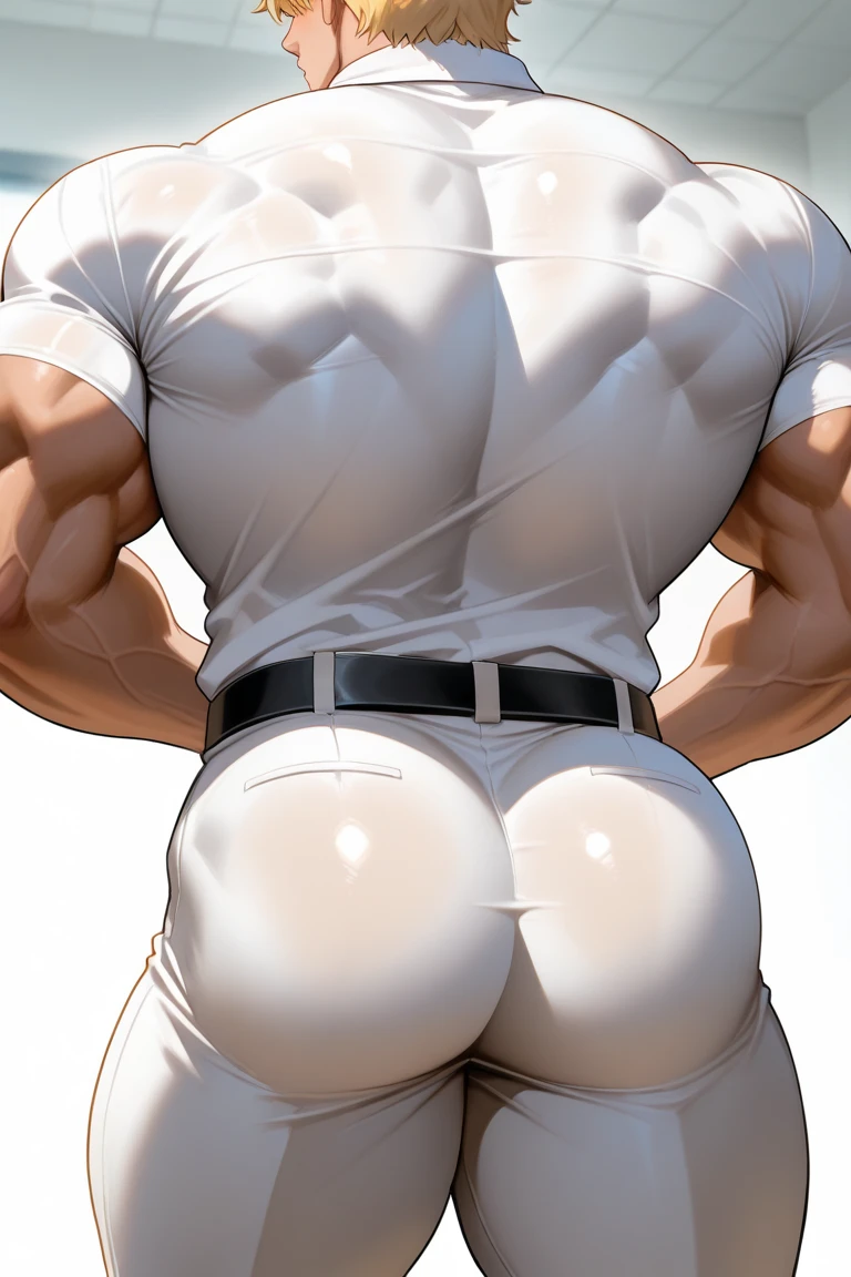 solo, black background, 1 boy, arse, male accent, black trousers, back, arse accent,realistic