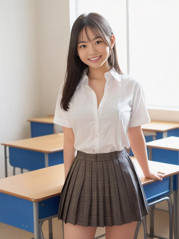 (Highest quality:1.5)、(masterpiece:1.5)、(8k:1.5)、(very small flat chest:1.5)、(Sleeveless, lace tight buttoned and collared shirt:1.7)、(A pleated skirt so short that you can almost see her panties:1.7)、(Slender:1.5)、(Blushing:1.5)、(smile:1.5)、(whole body)、(Thin and beautiful legs:1.3)、(Erect nipples:1.7)、(office:1.5)、(Elegant hairstyle:1.3)、(One woman:1.5)、(Beautiful black hair:1.5)、(Leaning forward:1.5)、(Tempting:1.ung face:1.7)、(Primary school students:1.7)、(Short:1.7)、(The background is an empty room:1.5)