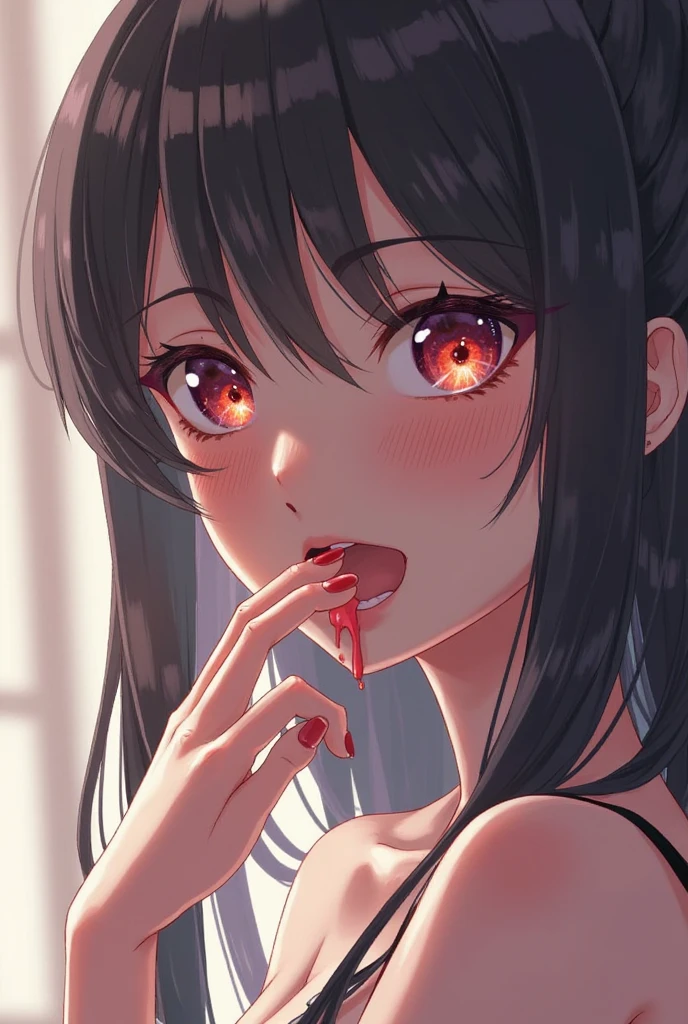 casual clothes tall red eyes black hair beautiful face detailed eyes masterpiece slim long hands black best quality dynamic lighting radiant skin Perfect Anatomy big breasts proportional body realistic anime girl
