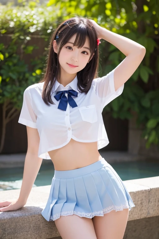 White panties are visible under the skirt、Japanese high school girls smiling happily