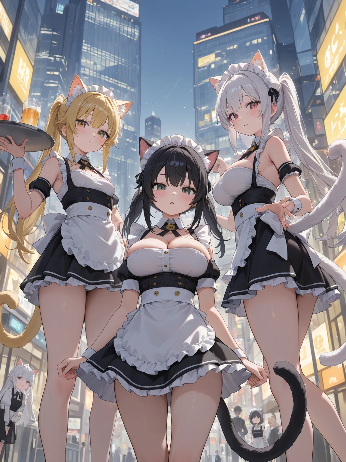 absurderes, 8K ,A high resolution, Ultra detailed, Beautiful, Masterpiece, Best quality, (Beautiful and delicate silver eyes), (3girl) ,Three sexy beautiful teens in office OL (Office Lady),white button-down blouse，There is a collar,Black Slit Skirt,(Black pantyhose),Long legs ,Detailed legs,High heels,Side ponytail , bangs,full bodyesbian,Big breasts,cleavage,Cyan hair，Blue hair，Pink hair，blush，