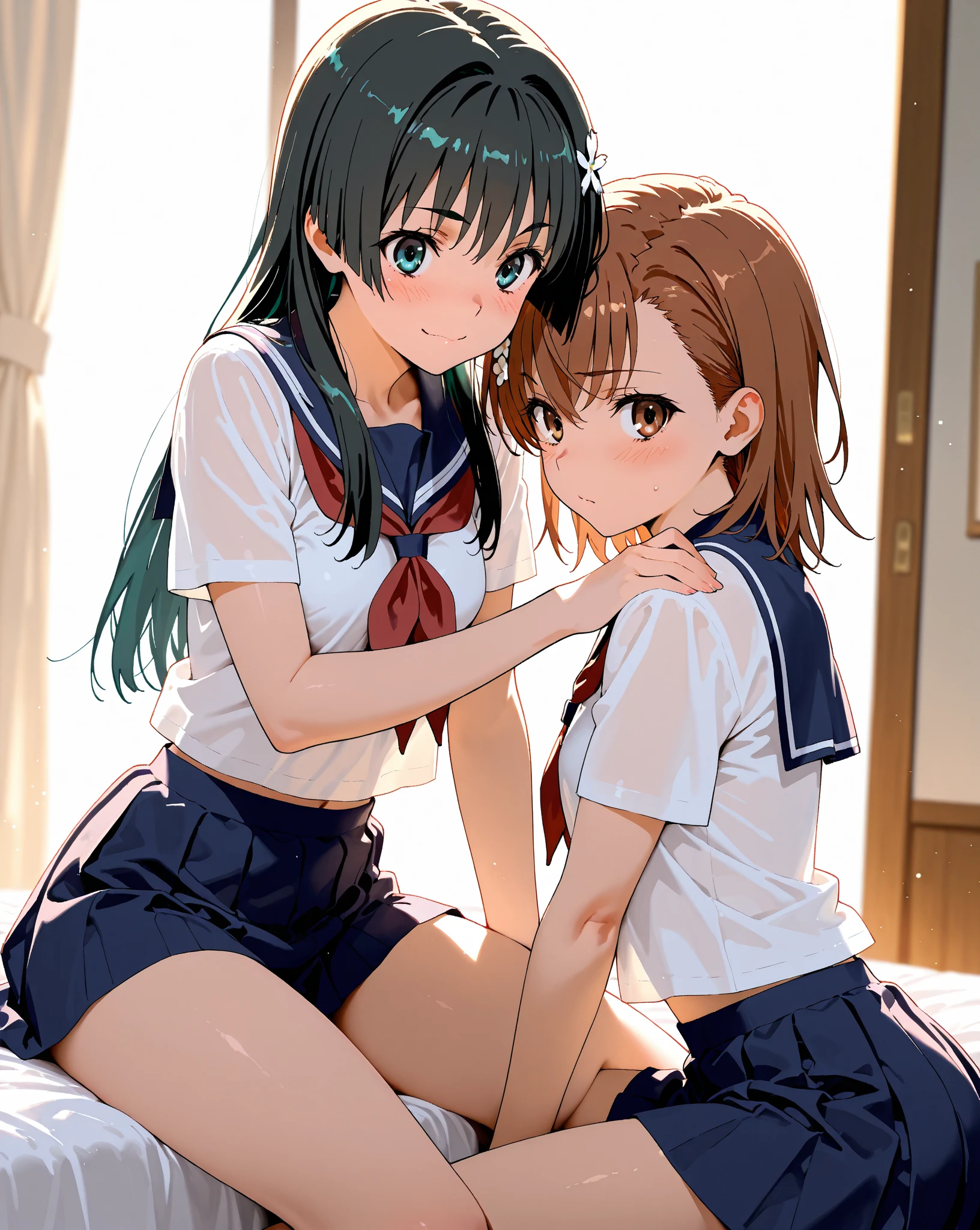 masterpiece, High Definition, high resolution, 2girls, (Misaka Mikoto), (Saten Ruiko), cute, hugging