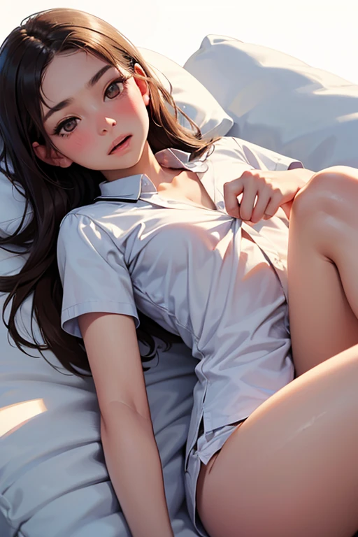 raw photo, 1girl, medium breast, light smile, detailed skin, simple background, spread legs, nipple, pussy, nipples, cute face, beautiful face, collared blouse, White blouse, constricted waist, spread pussy, opened clothes, intricate detailed, high quality1girl, nude, (shiny skin), room, perfect anatomy, bed sheet, vpussy, Seductive pose, parted lips, shy, arms behind back, pov, bokeh, photorealistic, depth of field, masterpiece, best quality, anatomically correct, super detail, textured skin, highres, accurate
