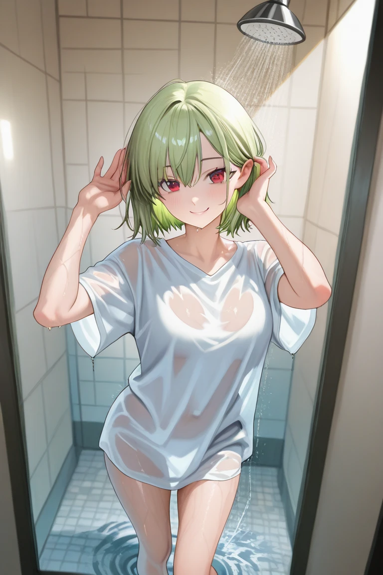 Completely naked、Exposing the breasts、Nipples、Large areola、(masterpiece、Highest quality)、Highest quality, Ultra-high resolution, (((masterpiece))), alone, Sweat、Big eyes, Composition from the front、Shortcuts、Embarrassed face、Blonde、Cut your hair short、Shower room、vapor、vapor、short hair、Browsing Caution