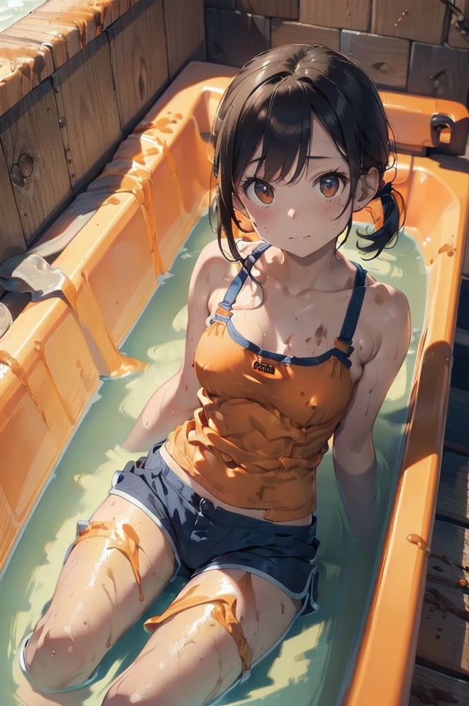 High school students、Scroll swimwear、gargantuan boobs、Beautiful face、short-hair、The pubic area is clearly visible from the top of the swimsuit、opening legs、japanes、((a backdrop of)) Rooftop Pool、(8K、Raw photography、masute piece) --auto