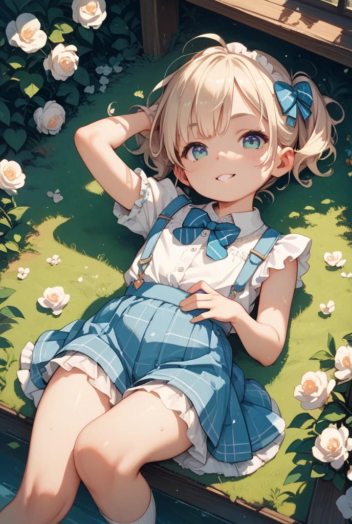 masterpiece, highest quality, High resolution, 14-year-old girl、blue eyes、
blonde, Braiding、uniform, White shirt, Check skirt, White panties、garden、Lying on the grass