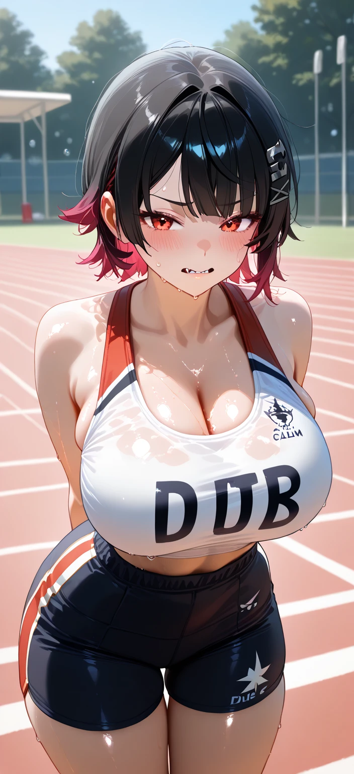 Alluring expression、Cheerleader、Ultra-detailed illustrations、Ultra-precise expression、masterpiece、Highest quality、ultra High resolution、High resolution、Hiromitsu Takeda Style、White background、Simple Background、One girl、solo、Mash Kyrielight、light purple hair、short hair、hair over one eyes、Purple eyes、Open your mouth、Large Breasts、Big Breasts、Erect nipples、Choker of Hearts、White Breath、Sweat、Glowing Skin、shiny skin、Front angle、View your viewers、stand、