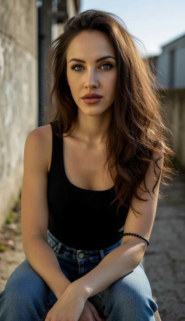 Photorealistc, high quality, Brown long straight hair, full make up, huge eyelashes, large earrings, Black t-shirt, Dark lips, outdoor, sunlight, flowers tattoo on arm