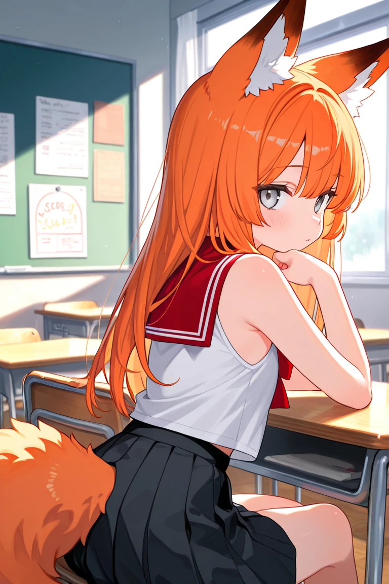 (masterpiece, best quality), superflat, flat shading, school corridor, 1girl, petite, 10yo loli, child, ginger long hair, ginger fox ears, white panties, school uniform, standing, from behind, smile, bottom, upskirt, (ginger fox tail:1.3), sunlight, vibrant colors, best shadows, bright, vibrant colors