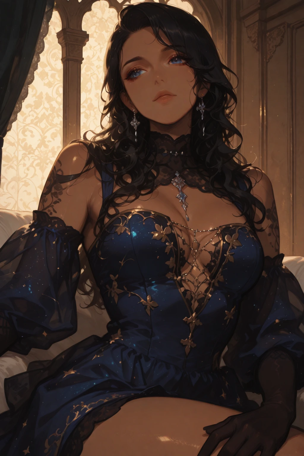 ((anime artstyle)),(Masterpiece),(Best Quality),(Super Detail),(Very Delicate and Beautiful),Solo,((full body)),from above,BlingBling,(standing in the balcony,Overlooking a detailed night view,outdoor),((1 arrogant princess in beautiful embroidery black and gold gorgeous rococo ballgown with voluminous full length hoop skirt)),(crinoline),gorgeousfull embroidery,Long train,((arrogant,haughty)),(((arrogant smile))),Sharp eyes,(gorgeous gemstone jewelry),detailed face and eyes,jewel-like eyes,Purple eyes,(Bangs between eyes),((large amount of straight hair,extremely Long voluminous black Hair)),((gigantic tits,Long tits)),gorgeousfull embroidery,cleavage,extremely gorgeousfull hair ornament,(bling-bling extremely gorgeousfull jeweled tiara),gorgeous corsage,(Dynamic Angle),Looking at viewer,((full body)),outdoor,((beautiful embroidery black and gold gorgeous rococo ballgown with voluminous full length hoop skirt))
