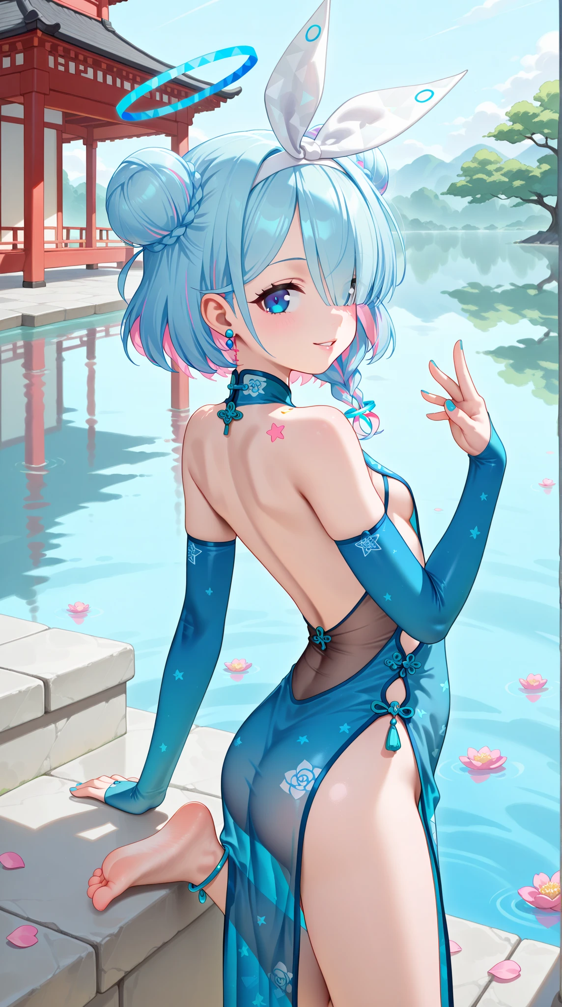 (masterpiece), ((Highly detailed 8K illustrations)), High resolution, (Highly detailed and beautiful background), Super precise painting, professional illustration, Super precise depiction, Super detailed depiction, (beautiful and aesthetic:1.2), HDR, (Depth of bounds written:1.4), colorful, Brilliant, Beautiful detailed glow light particles, Complex:1.4, zentangle,
(girl), ((Rem,Re:zero,blue hair,short hair)),(Highly detailed beautiful face and eyes), white skin, perfect body, thighs, big breasts, big areola, blue eyes, pink hair, oily skin, cute, bare shoulders, China dress, cheongsam clothing, short dress, cleavage cutout, side boob, thighs, smile, character focus, cowboy shot,