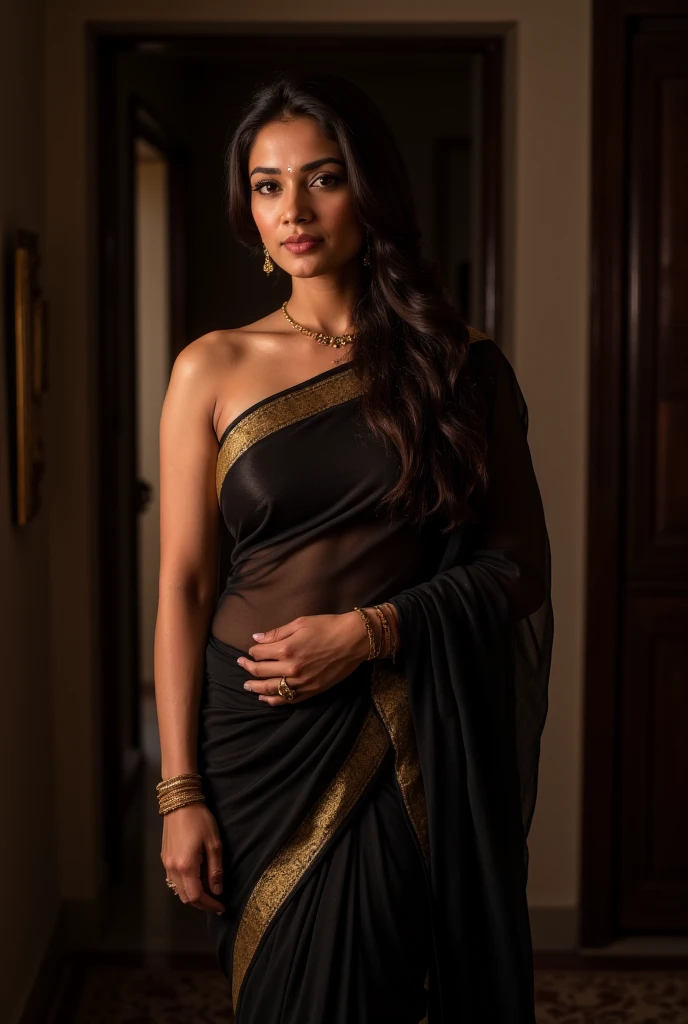 Very very beautiful and sexy indian gril in black sari boobs will more biger