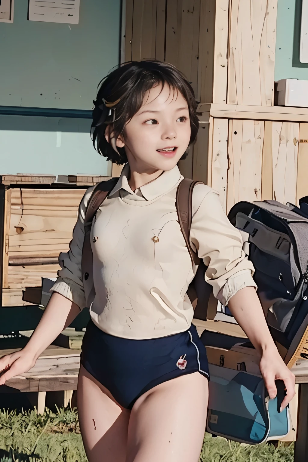 Two high school girls、Photorealisticistic beautiful female student、18-year-old、Stunningly beautiful、smile、Beautiful body、(Highest quality、8k、32K、masterpiece、Hmph:1.3)、Ultra-high resolution,(Photorealistic:1.4),RAW Photos, Detailed face,,Beautiful Hair,, ,Very short hair 、Very short hair、Stunningly beautiful double eyelids、 Natural Makeup,, Small and perfect breasts, Wet Hair、Detailed Background, Perfect lighting, Written boundary depth, Beautiful shadow gradation、Thin limbs、Thin thighs、(whole body)、(buruma, Bloomers(Old Japanese Gym Uniform))、Beautiful slim perfect body、Beautiful high nose、Side view、Medium chest、Drenched in sweat、(Yoshizuki Iori)、School