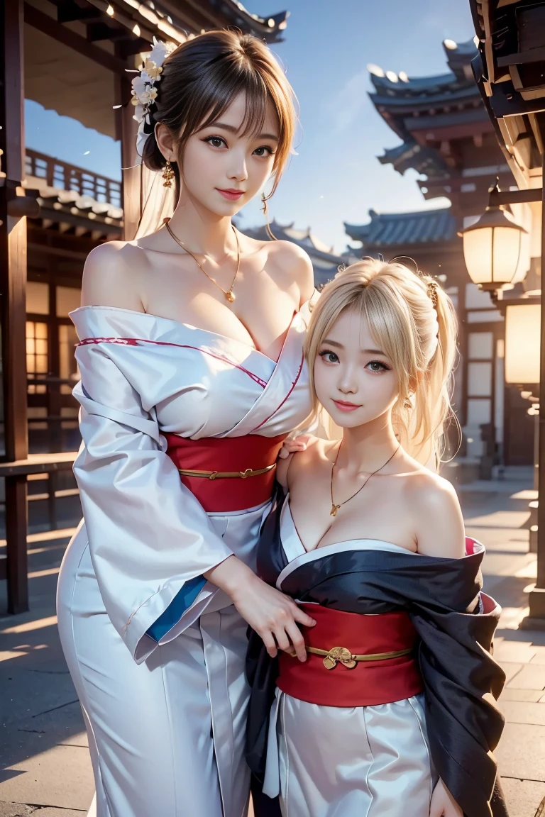 (8K、Raw photography、top-quality、masterpiece:1.2),Bullish,Muchimuchi,Erotic,masterpiece,top-quality、超A high resolution,Raw photo,ren,Beautiful fece,One Person, 独奏,blonde_hair, blue eyes, twintails, very_long_hair,very long hair waist length , hair_ornament red, hair_scrunchie red, big_breasts,akizuki airi, blonde_hair, blue eyes, twintails, very_long_hair, very long hair waist length, hair_ornament red, hair_scrunchie red, big_breasts, no bra, (white kimono), showing a breast, breast, nipple, small nipple, fullllbody,hi-school girl,is standing,(Photorealsitic:1.37)、Photon mapping,Realistic、Cute little face、Radio City、Physically Based Rendering、Foreground、depth of fields、Blurry background、a picture,The girls、Body,beauty legs, Long legs, Thin leg, beautiful girl , rating:explicit