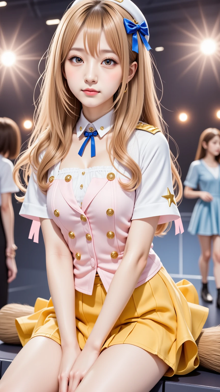 8K、Photo image masterpiece、highest quality、Super-resolution、Angle low-angle image from the feet、Beautiful woman with golden curly hair、((Blonde beauty))、With bangs、Strong winds、Impossibly cute face、And slim、Small breasts、High resolution、masterpiece、Exquisite Function 、Delicate eyes、Delicate blonde hair、8K quality、Pale light and shadow、Dindal effect、Strong winds make her blonde hair messy、With bangs、Random Hairstyles、((A photo from the delicate feet)、(Detailed RAW Photos of Girls)、(Tabletop:1.25)、 (Highest quality:1.6)、(超High resolution:1.5)、(Real:1.75)、8K resolution、Image from the foot、 (RAW Photos:1.2), (Realistic:1.4), Beautiful detailed woman, Very narrow waist、Very detailed eyes and face, Beautiful fine details, Large file size、Very detailed、High resolution、highest quality、masterpiece、((A light navy blue summer blouse and a white skirt))、Very detailed、CG、Unified、8k wallpaper、The finer detailasterpiece、highest quality、 Light on the face、Cinema Lighting、27-year-old woman、Idols singing on a high stage、A popular idol singing on a high stage、The voyeurism incident from below the stage、The concert venue was packed with fans., A crowd of fans tries to take photos of Punch and others、Surrounded by fans, she is being secretly photographed from below、Colorful costumes、(highest quality,16k,最High resolution、Tabletop:1.2),Very detailed、(Realistic、Realistic:1.37)、27-year-old woman、Random Hairstyles、Accentuate your waistline、Clearly visible body lines、Light background、Sheer costume、Costumes of various colors and shapes、White Pantyhose、((Crowd of fans taking pictures, Fans groping her breasts and buttocks、))、