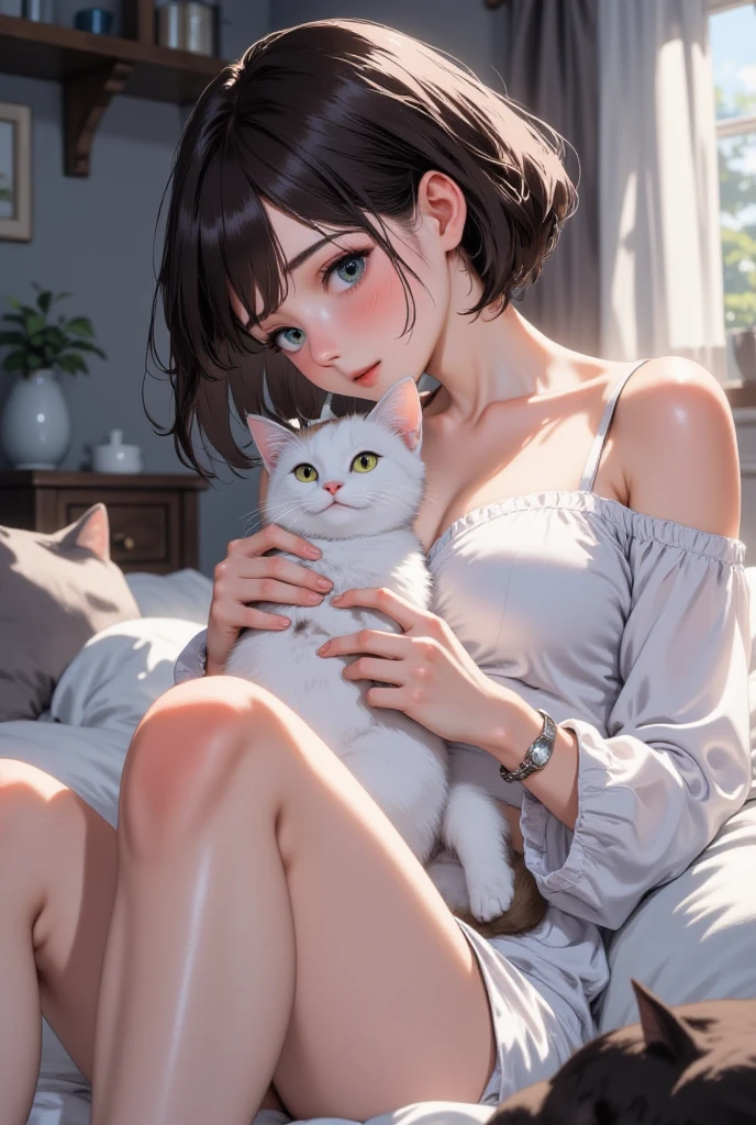 superflat, flat shading, flat colors, masterpiece, best quality, 1girl, loli, 10yo, child, white panties, topless, holding a cat, smile, happy, morning, bright sunlight, bedroom, best shadows, watercolor,