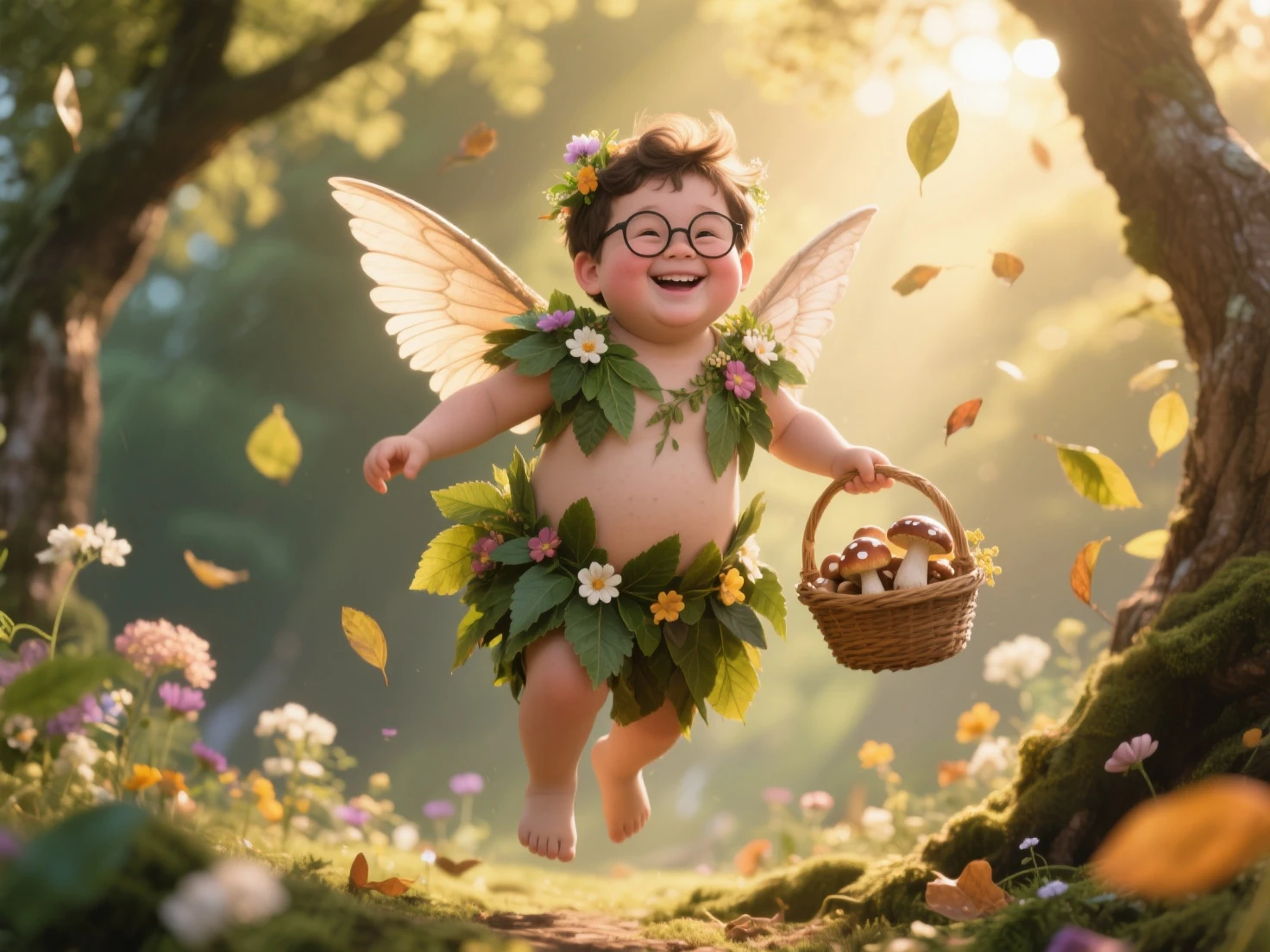Fat beardless adult man wearing a cap under a leaf Tinkerbell style