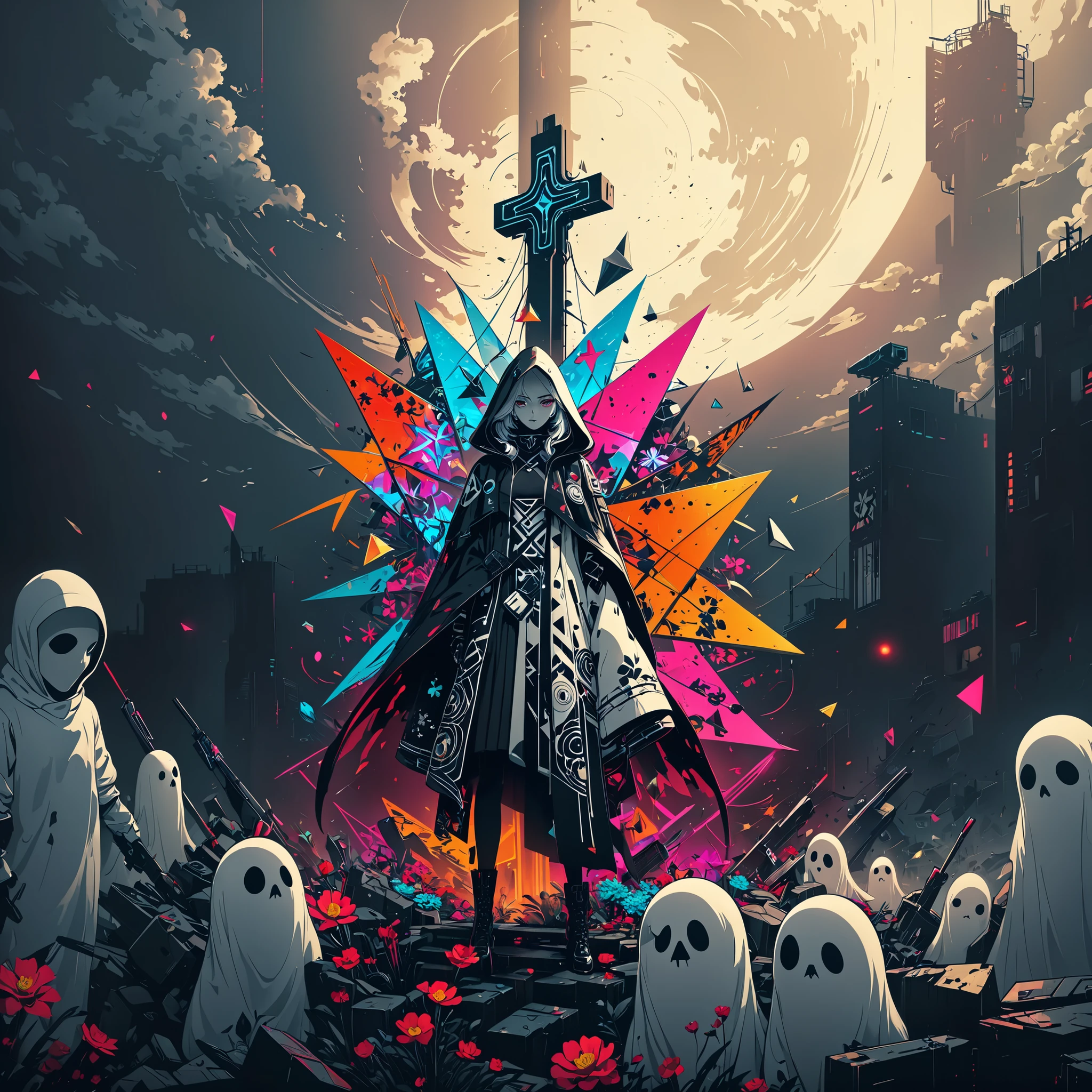 Neon Signs、Penrose triangle、Magnetic Fields、gloves、Octahedron、monochrome flower、white,red,Avant-garde fashion image、(cross)、Eyeshadow、Radiation、ghost,Pattern、magical realism.Neon Signs、Woman standing in front of a weapons,Wear a cloak、solarpank, anime art wallpaper 4k, anime art wallpaper 4k, anime art wallpaper 8k, Anime Style 4k, 4K Detailed Digital Art, Highly detailed digital art in 4K, Amazing artwork in 8K, Beautiful art UHD 4K, Digital Cyberpunk Anime Art, Contemporary art