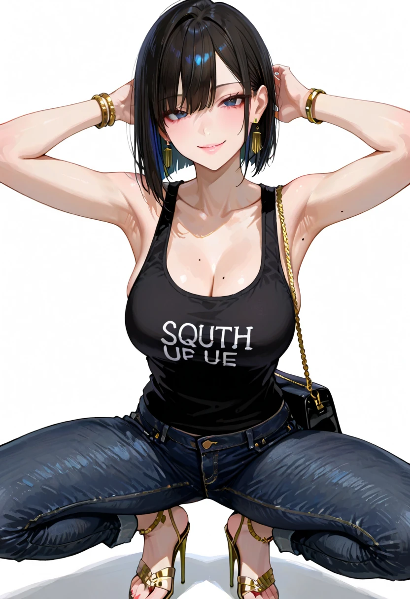 (cowboy shot), (best quality, ultra-high resolution, depth of field:1.2), adult, 1woman, toned body, medium breasts, wide hips, solo, black hair, streaked hair, short hair, bangs, (tiny crop top), (underboob), (denim shorts), (graffiti:1.4), slouching, (crotch tattoo), laying on the wall, looking at viewer, upturned eyes, brown eyes, head tilt, bored, hands behind back ((huge tits)), (dark skin), tan