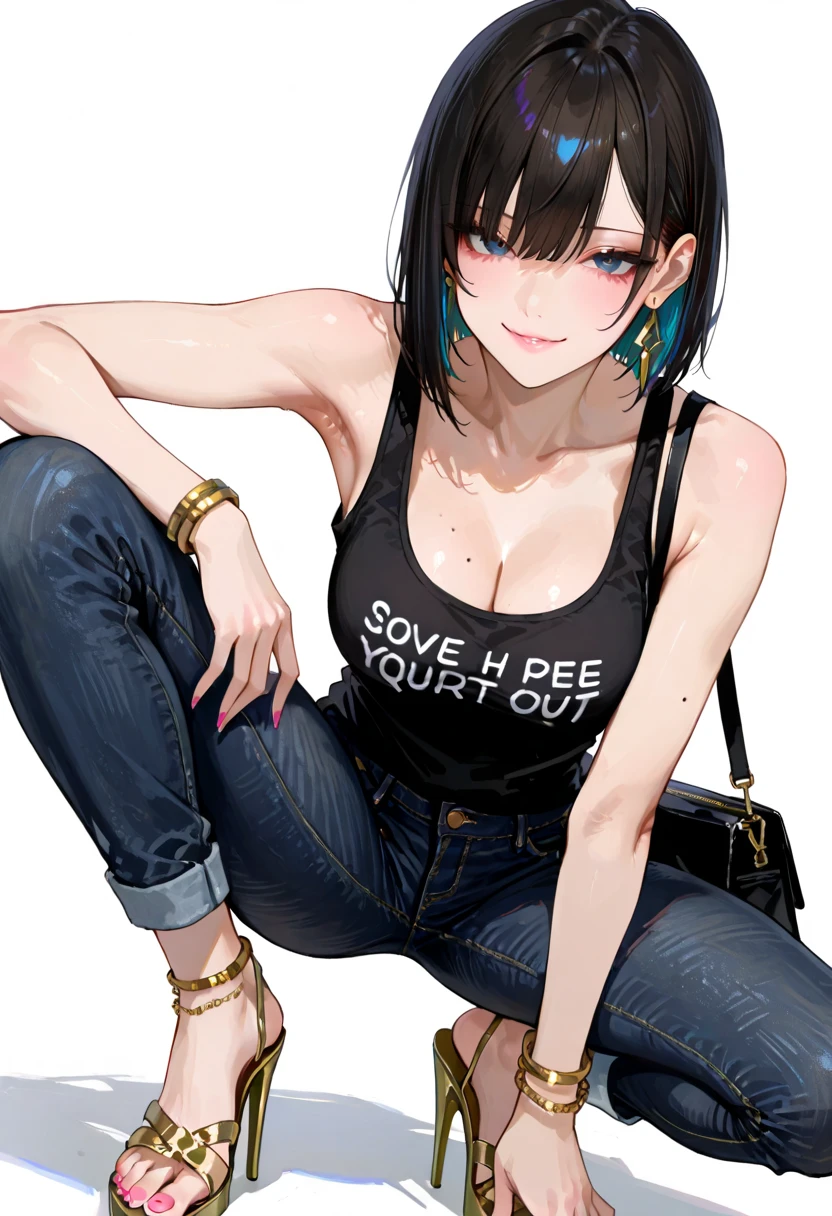 Masterpiece , highly detailed , best quality , perfect face , green eyes , fubuki , wearing black leather jacket over white printed t-shirt and blue jeans , in garden , arms bound behind back with rope , looking at camera , standing still 