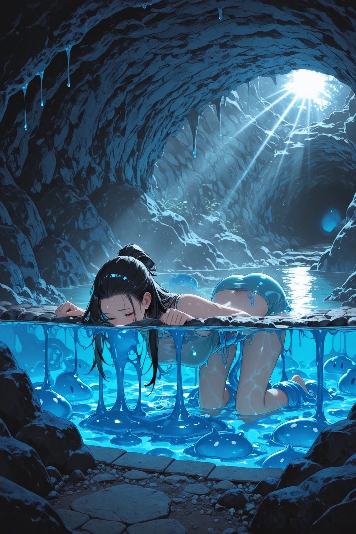 Water floating, Stream of water, Spiral water, Water balls in her hands, Water behind, controlling the water, whirlwind of water, ((ocean, underwater, lots of fish, dawn)) (1girl, submerged in water, green mermaid tail, flying deep green hair, hair gradient, starfish in hair, blue swimming bra, smiling, looking at camera, posed arms, closes eyes))