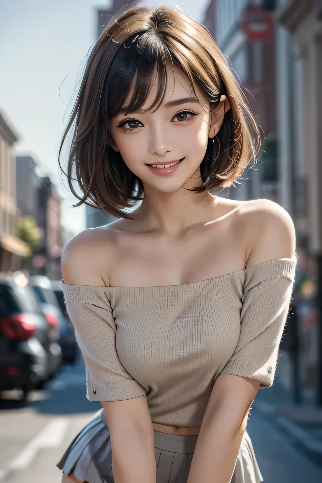 1 Beauty, ((White knit loose off-shoulder top, Tight mini skirt)), Beautiful Face, Beautiful Eyes, double eyelid, Long eyelashes, Thick mascara, Dark eyeliner, grin, Brown Skin, Brunette Bob, Cheeky look, Redness on the cheeks, Raise the corners of the eyes, Triumphant thin eyebrows, ((Very detailed)), Perfectly detailed face, Great hands, Photorealistic images, (street), Sexy pose, Accurate Arm, Accurate Fingers, (masterpiece, Highest quality, Very detailedな顔, Perfect lighting, Ultra-high resolution, Very detailed)