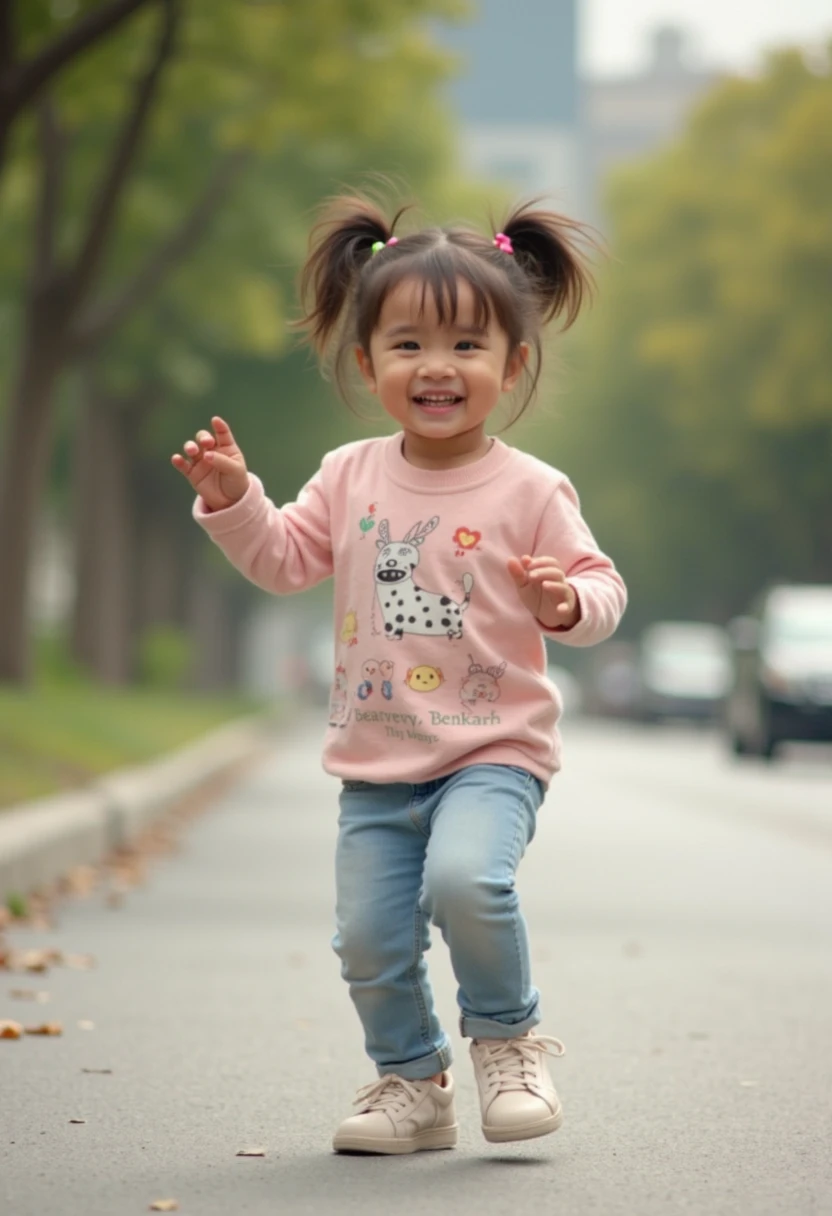 Shoulder sweater, Curly shorthair, hair scrunchie, Twin-tailed, kawaii pose、ssmile、Running along the seaside path