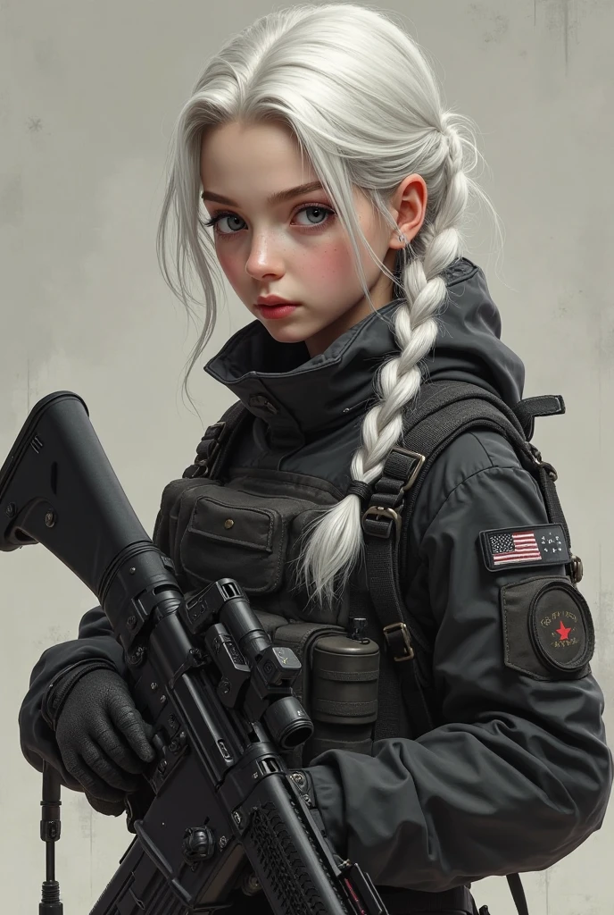 (Long white hair, Braided in two braids: 1.4), ((sharp jawline)) Red detailed eyes, Sharp pupils, Realistic pupils, ((Very muscular body with small )), very angry expression, bared his teeth, (Russian special forces, military uniform, green camouflage, Military helmet, Tactical uniforms, Military boots, unloading, Knee pads, elbow pads, mask, Soldier Girl: 1.3), Hands holding the machine gun, automatic rifle, arma, tactical stance standing on one knee, Sexyealistic, photoshooting, Professional, High contrast, Photo for the cover of the magazine, on the lawn in the park, There, There, Where the cherry blossoms bloom