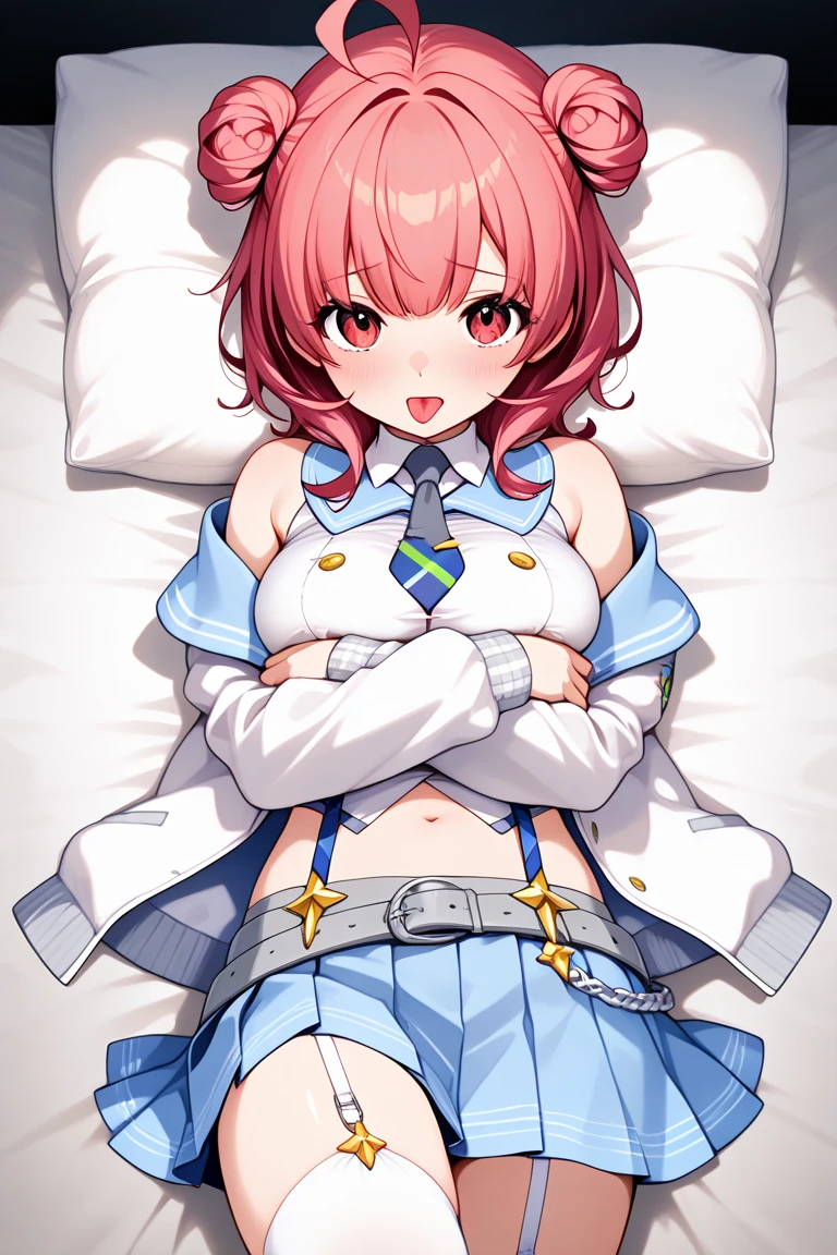 top-quality、hight resolution、女の子 1 人、、long-hair、2 ponytails, white Lace Bra、A frustrated look on his face, enormous cheast, bed