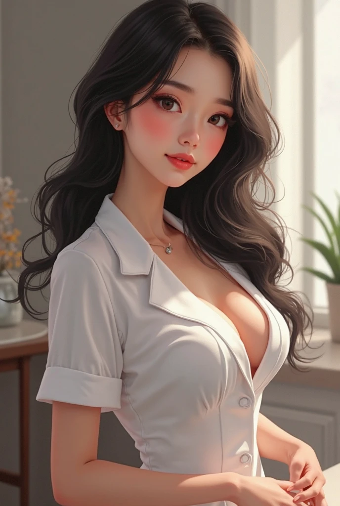 Highest quality,1.4Big Breasts,Japanese girl,sexy,Swept-back bangs,Long Hair,Open the buttons on your shirt,unbutton,valley,White dress shirt,Big Breasts