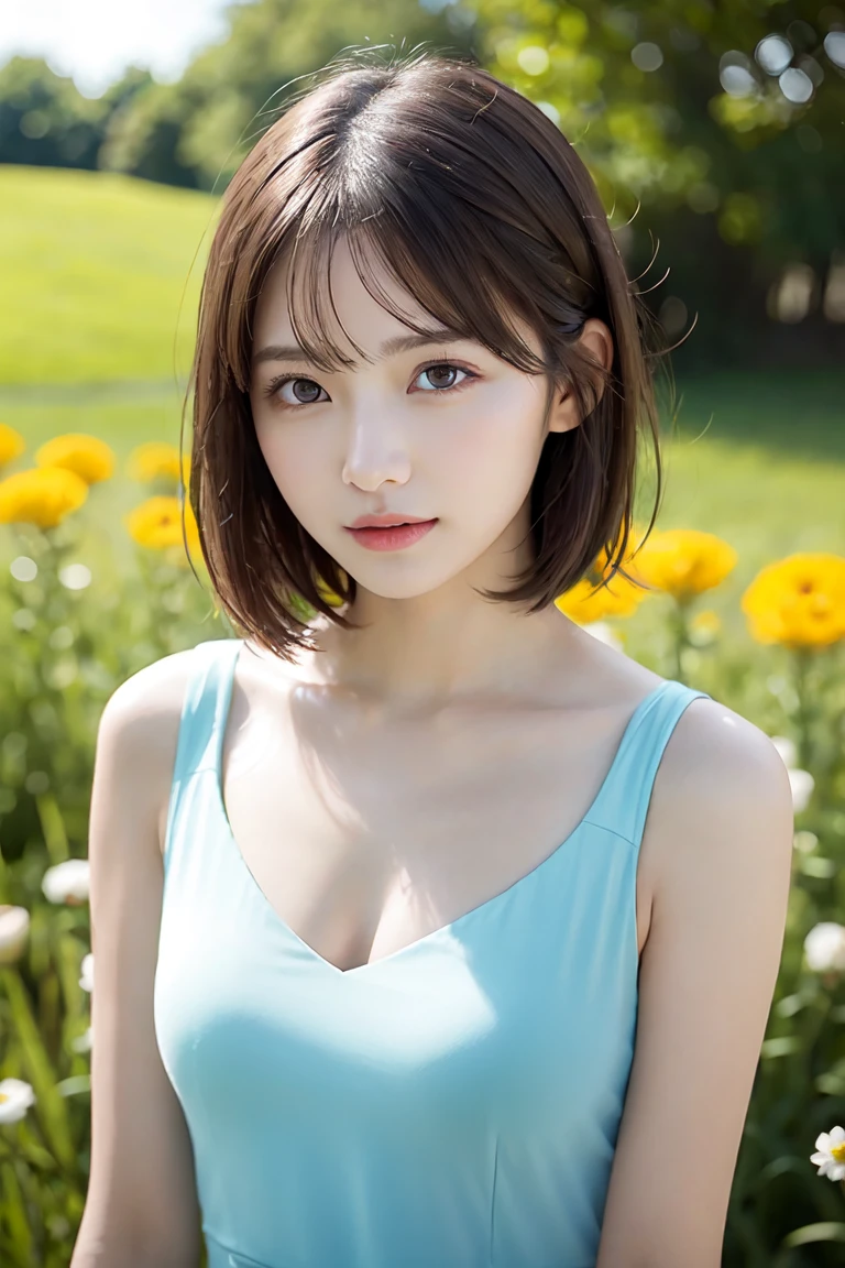 (highest quality:1.5)、(Realistic:1.5)、(1 person:1.5)、(Upper Body:1.5)、Very detailed、High resolution、8k wallpaper、Small breasts、Natural color lips、Cute Smile、Japanese women、20-year-old girl、Beautiful and elegant face、Perfect and beautiful face、Big eyeake your eyes bigger、Beautiful Eyes、Round eyebrows、Arched eyebrows、Groomed eyebrows、Beautiful and elegant face、Natural double eyelids、Natural Bangs、Beautiful thin nose、Beautiful Skin、Medium Bob Hair、Natural Bangs、Perfect and beautiful face、Slim face and figure、(Looking at the camera with a cute expression)、Bright lighting、Professional Lighting、Forward lighting、Cute Smile、Summer blue sky、Grass park on the mountain、Look at the viewers、(Staring at the camera with a cute expression)、(Lighting the face)、Bright lighting、Professional Lighting、Forward lighting、Cute Smile、Beautiful clavicle、Beautiful cleavage、Beautiful feet、Smooth Skin、camisole、it on the grass、wariza, Place your hands on your thighs、Beautiful thighs、Sit down、Leaning forward、Girl sitting、seiza、belly button、