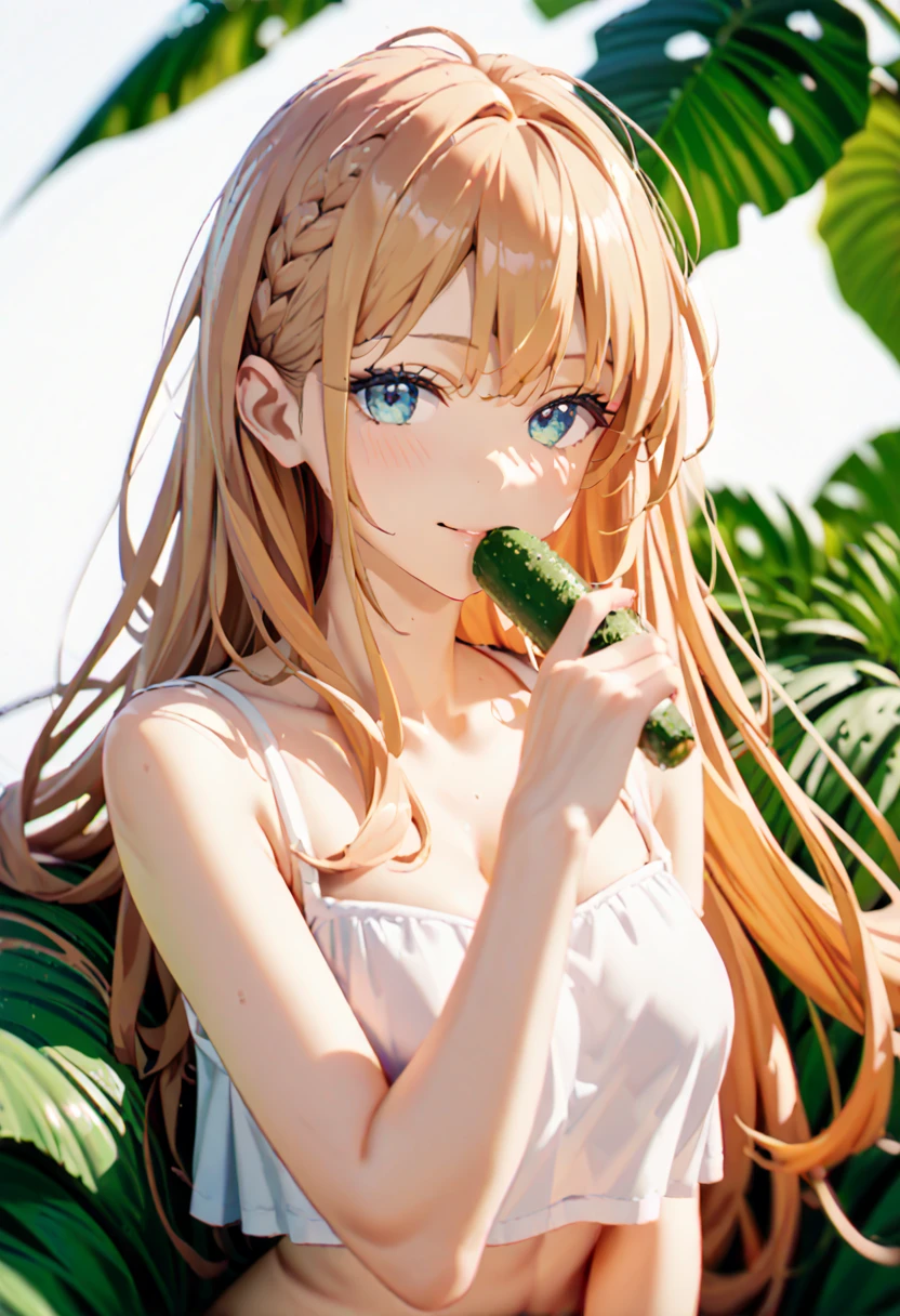 Chewing a cucumber in your mouth、red blush、girl with、kawaii、White lace underwear、Eyes closed --auto