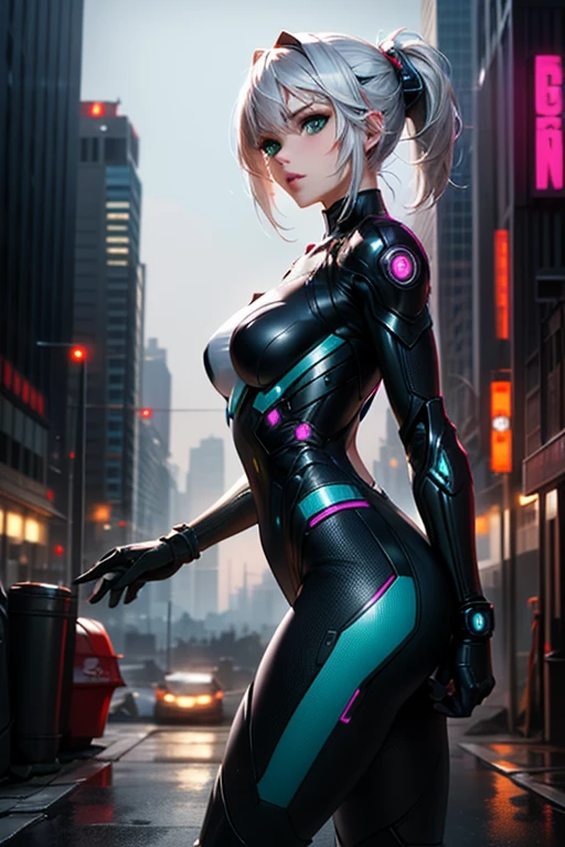 Cute Girl, cowboy shot,extremely detailed photo of a woman, loraelizabeth, cyberpunk, futuristic, cyberpunk bodysuit, 8k uhd, RAW photography, model photoshoot, detailed skin, skin imperfections