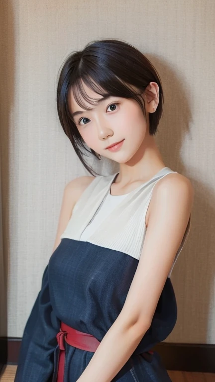 One girl,summer,Inside the room,Bed,Sit,Black Hair,,Very Short Hair,Navy Blue,Sleeveless,button,Chest line,A big smile,6th grade elementary school,Japanese,single eyelid,Neat face,Honey,front,Look here,transparent, Soft Light,(masterpiece, Highest quality), Structure of the film, Like a movie