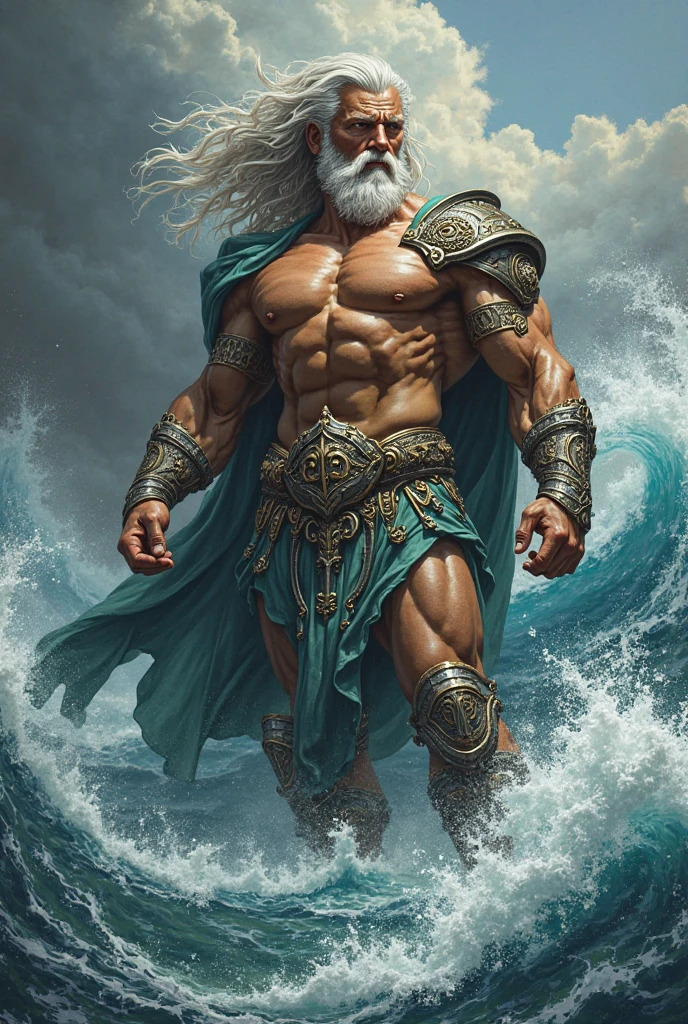 Hyperrealistic image of an elderly man over 79 years old superhero Poseidon with very long and braided gray hair with a huge crown of snails starfish and shells on his head super heavy and very fat very handsome bodybuilder with huge flaccid pectorals and very large nipples and very sweaty spiked man emerging from the sea in the middle of big storm waves dressed in a seaweed skirt