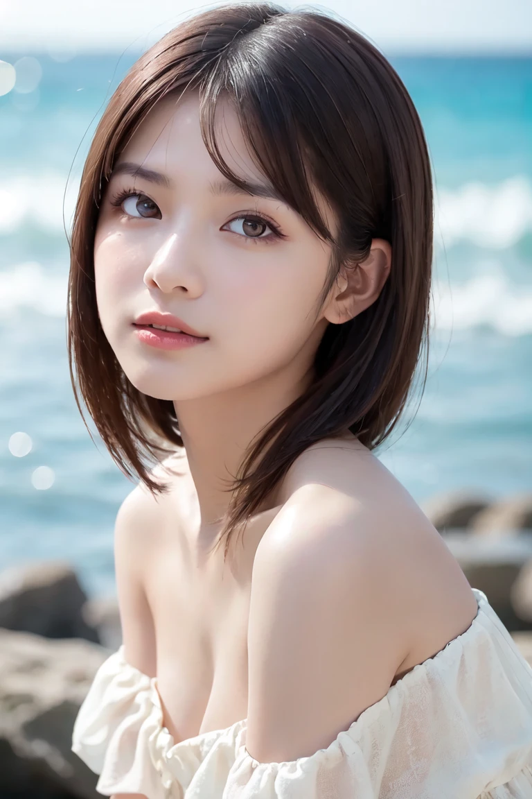 table top, highest quality, shape, Super detailed, finely, High resolution, 8k wallpaper, Perfect dynamic shape, beautiful and detailed eyes, D cup, natural color lip, random sexy pose,smile、20 year old girl、midnight、Beautiful and dense face、perfect and beautiful face,Big eyes、real photos(best image quality),Sheer off-shoulder dress (beige)、looking at camera、Please stand、Do gal makeup,blurred private beach background