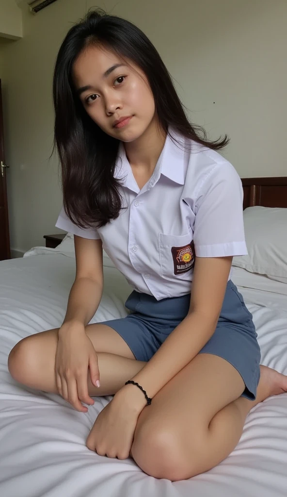 Young sweet beautiful Bogor city school girl, slim body, very georgeus face, 17 years old, wearing Indonesian white and grey uniform, long sleeve shirt, grey folded up kneel long skirt, sassy girl,  wavy short hairs, sleeping down relax opened wide legs on sofa cheerful going to the school in the sunny morning, sport shoes, very realistic, very detail, no cartoon,  white thin panty that clearly exposed visible, front view,