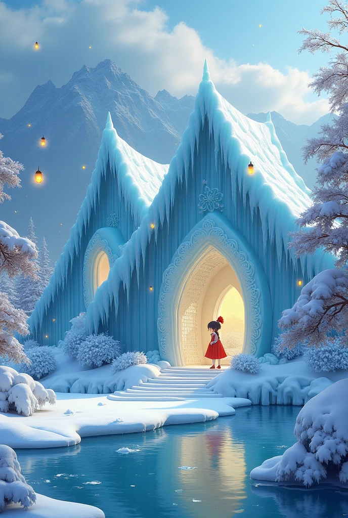 A magical world, (((transparent building))),(Floating in the sky:1.5),(White clouds on the ground:1.5),(((Crystal tiles))),(((crystal column))),(((Crystal wall)))(((The pillars are carved with Chinese dragons))),Nice colorful light decoration, (icey),(Frozen Palace:1.5),best qualtiy,tmasterpiece, 8k 辛烷值渲染, Photorealistic, Cinematic lighting, detailed building, The art of detail carving,Chinese Ancient Architecture,
