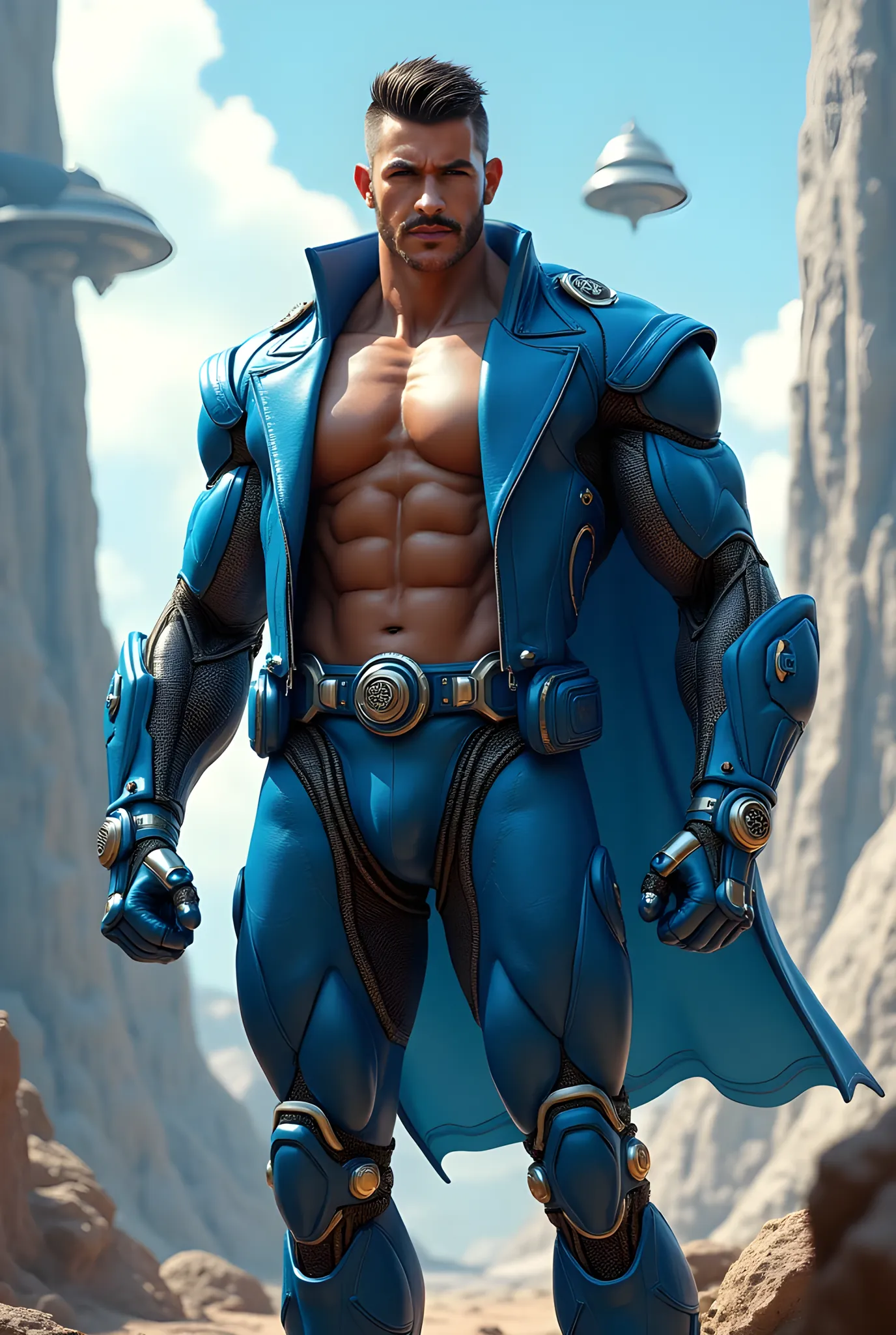 full body portrait, strong burly hairy mature older man(space captain), wearing futuristic captain's uniform insignia (neon and black) (open and revealing) (latex) , gray hair, broad shoulders, round belly, thick feet, bulging micro thong, barefoot, scifi spaceship captain uniform, neon lights, best quality elegant masterpiece, face looks like Tom Selleck (Magnum PI) , military buzzcut, dark mustache, gray stubble, latex, wearing a latex thong, big bulging crotch, futuristic gear equipment, wearing see through plastic chest armor (neon yellow and electric blue), wearing neon yellow see through chest armor, wearing electric blue latex chaps(see-through) , wearing cool neon sneakers,in spaceship cockpit, lying in spaceship sleeping quarters(bed) (view from above), smiling with teeth showing, nicebulge, waiting in bed, glowing armor, legs up(!) and spread(!) , big muscle ass, wet and dripping ass, visible asshole(!) , wet asshole, hairy pecs, thick long legs, silver hair, mustache(!), reflective sunglasses (neon yellow rims)