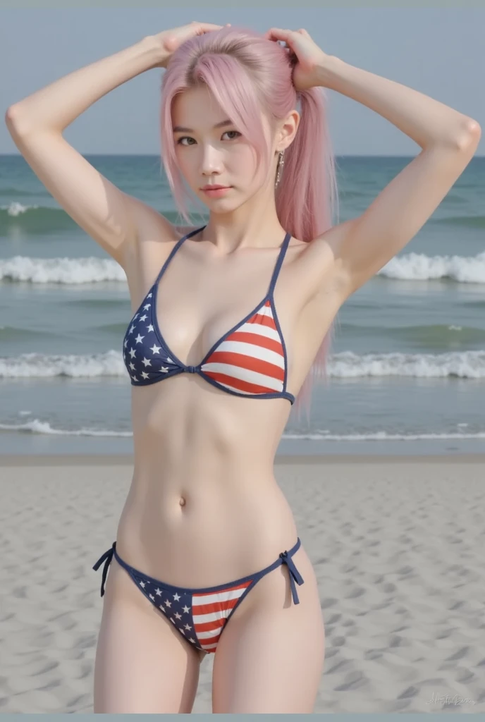 (8K, top-quality, masterpiece:1.2), (reallistic, Photorealsitic:1.37), Super Detail, One girl,), (Highly detailed:1.2), (beautifully detailed eyes:1.2), (of the highest quality:1.2), (super detailed:1.2), (masterpiece:1.2), (Detailed face:1.2), 20yr old, 1 girl, ((pink hair,long hair)), medium breasts, clothed, Perfect Lighting, Japanese school swimsuit:1.5), (navy blue base:1.3), (white stripes:1.3), (red stripes:1.3), (stretch fabric:1.2), (glossy:1.2), (skin-tight:1.3), (thin straps:1.3), (open back:1.3), BRAKE, upper body to knees, loose hair, seductive expression, downward gaze, hands on head, posing in a garden, backlit by warm sunlight, emphasizing hair color, sensual mood.
