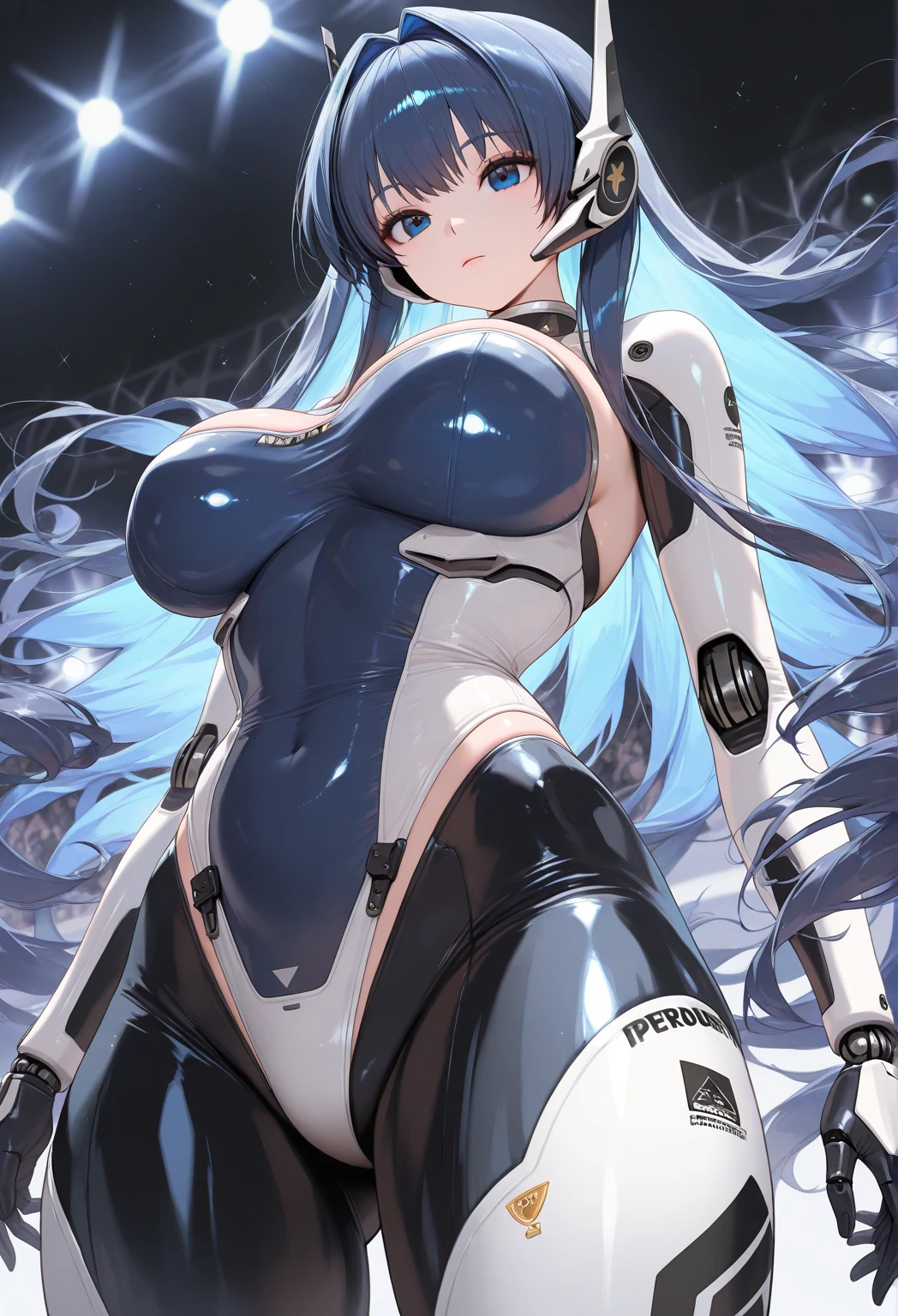 (cityscape:1.5), (NSFW, topless bare small middle boobies, uncensored bare pussy:1.5), (Face of love, I'm so happy:1.5), (cyborg girl:1.5), low teen, stylish angle, stylish pose, (headphone, mechanical fuselage, mechanical clothing), looking at the viewer, bangs cut off, (blue mini skirt:1.2), plastic corset, Beautiful light effect, glowing skin, (removable long sleeves, very wide sleeve:1.5), (caution decal, corporate logotype:1.2), (small open mouth:0.8),