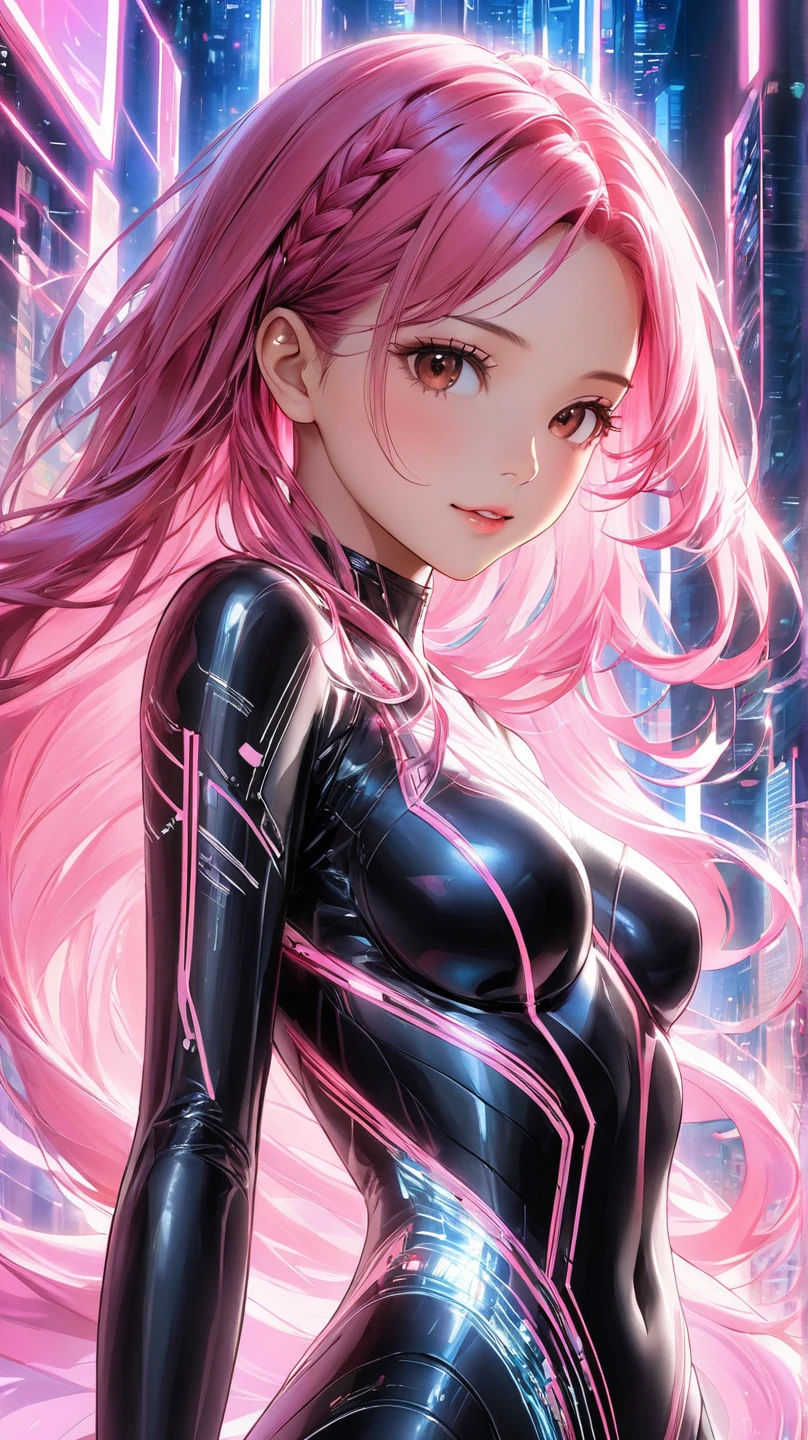 beautiful, alone, 1 female, mature, Long Hair, Magenta hair with bangs, Half tie、Half tie, Hot pink eyes, White clothes, Smile Facial, Futuristic, cyber punk, gambler,, You say, Earrings