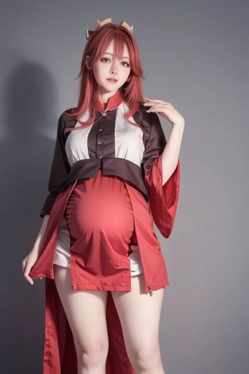 masterpiece, high quality, best quality, one girl, pregnant,big belly, red hair, long braided hair, golden eyes , middle chest, black tied shirt, plaid mini skirt, black lace, sweatshirt, stockings, makeup, blush, goth, moaning full face