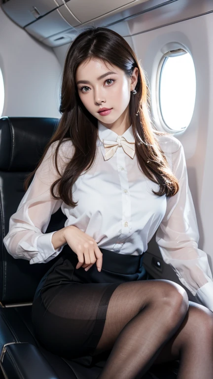 8K, masterpiece, raw photo, best quality, realistic, 매우 상세한 CG가 8K를 통합합니다., 8K, Diamond, and wallpaper, depth of field, cinematic light, lens flare, ray tracing, (very beautiful face, beautiful lips, beautiful eyes), A face with intricate details, ((highly detailed skin)) 1 girl, in the dark, deep shadow, pretty korean girl, kpop idol, Photo of a sexy woman sitting in an airplane seat,wearing white flight attendant uniform,Skirt that hugs the buttocks,(아주 날씬하고 slim 근육질의 몸매:1.3), (flesh colored pantyhose:1.3),Light and tight flight attendant uniform,medium chest,wide hips,dried up,red lip,black eyes,(scary:0.9),cross legs,(Textured fabrics:0.9),looking at viewer, (pale skin), (big eyes),(smile:0.8),seduce the camera,(metal fabric:0.5),very complicated,(In reality,original language:1.5), Side slit, (hazy:0.9), facial details, poor quality photos, high contrast, inside the airplane, slim, bow-shaped, (rebellion:0.4)