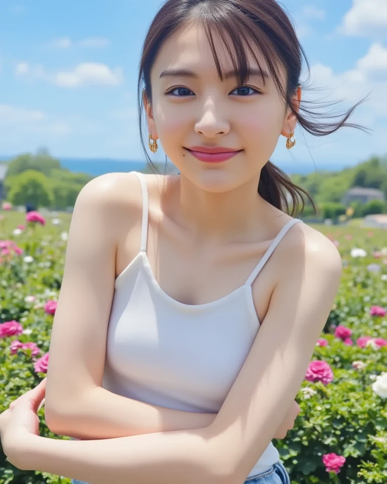 Girls in a schoolyard full of cherry blossoms,Wet white swimsuit,18-year-old,bangs,A little smile,Thighs,knees,Straight hair with barrette,From below,Front light