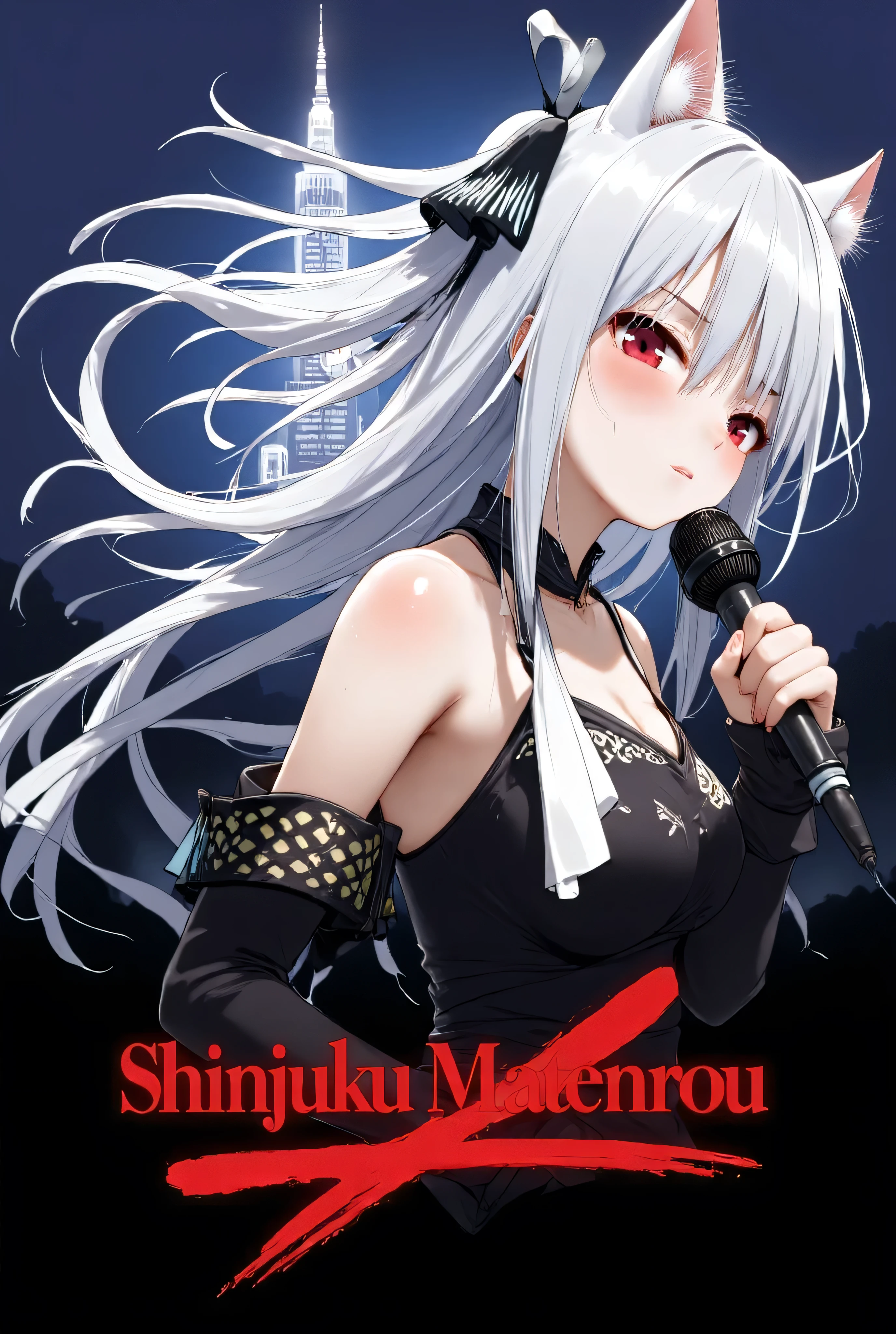 anime style, (claw pose), Writing Gothic letter "Shinjuku MATENROU" at the bottom screen, perfect text title style, wolf girl, solo, cute face, silver hair, masterpiece, best quality, holding mic, (claw pose), (claw pose),